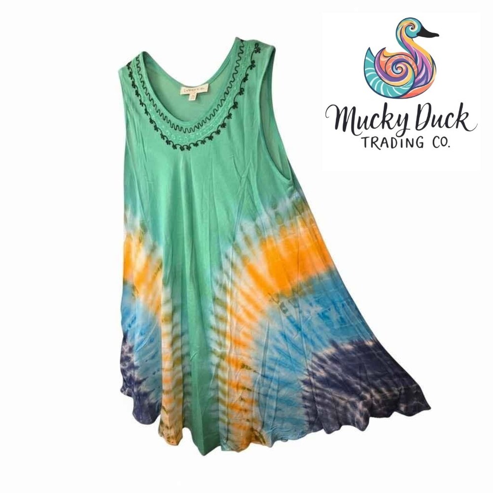 Green Tie-Dye Sunburst Sleeveless Embroidered Boho Indian Dress One Size